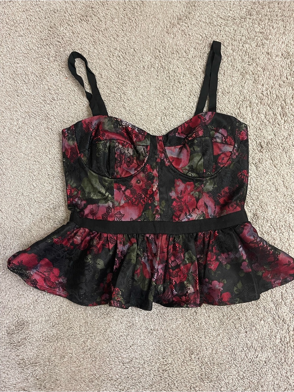 Pearl Georgia Chapman Floral Lace Peplum Bustier Top - Black and Red